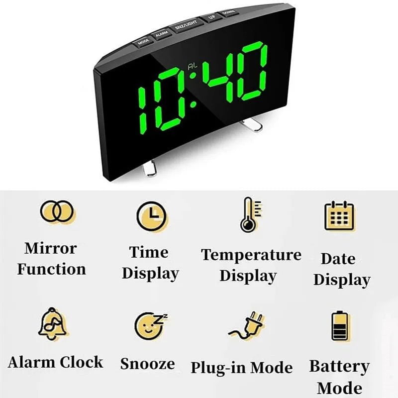 Storazone Green Only Time Curved Screen Digital Alarm Clock Temperature Date 2 Levels Brightness Adjustment Snooze Table Clock 12/24H Night Mode LED Clock