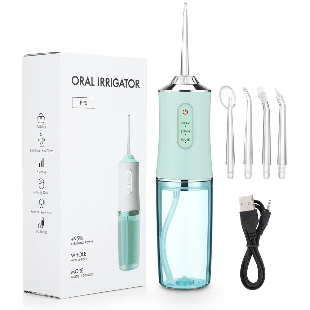 Storazone Green Oral Irrigator Portable Dental Water Flosser USB Rechargeable Water Jet Floss Tooth Pick 4 Jet Tip 220ml 3 Modes IPX7 1400rpm