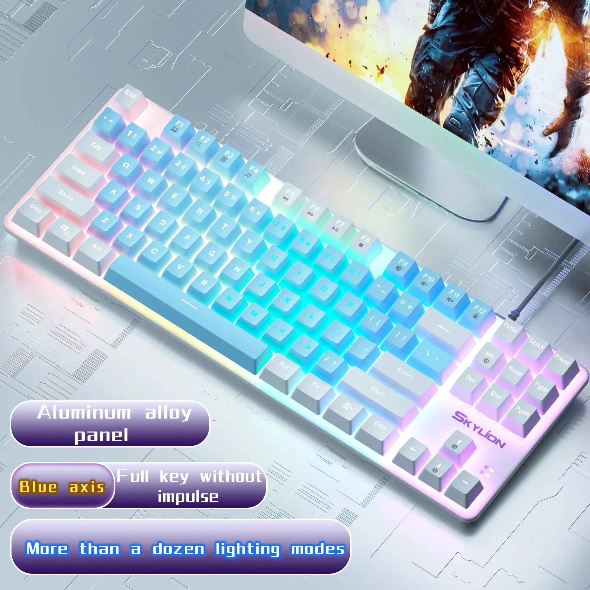Storazone Green Shaft / blue-white SKYLION H87 Wired Mechanical Keyboard 10 Kinds of Colorful Lighting Gaming and Office For Microsoft Windows and Apple IOS System