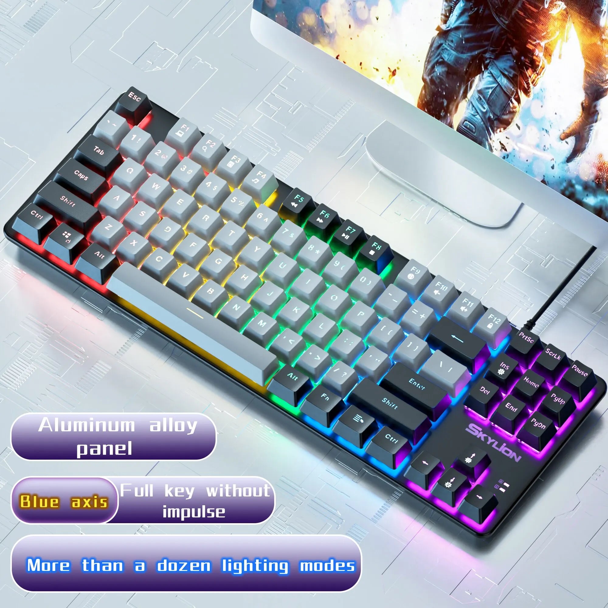 Storazone Green Shaft / grey-black SKYLION H87 Wired Mechanical Keyboard 10 Kinds of Colorful Lighting Gaming and Office For Microsoft Windows and Apple IOS System
