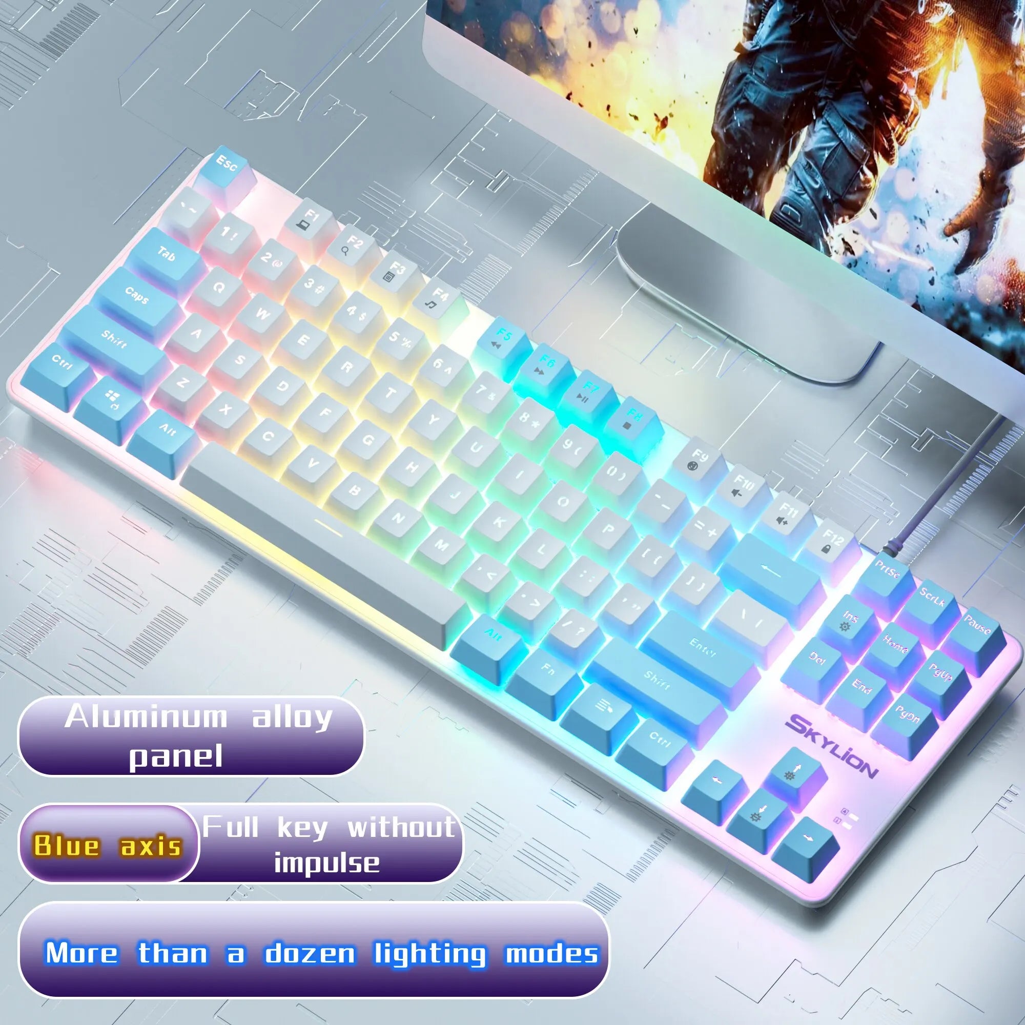 Storazone Green Shaft / white-blue SKYLION H87 Wired Mechanical Keyboard 10 Kinds of Colorful Lighting Gaming and Office For Microsoft Windows and Apple IOS System