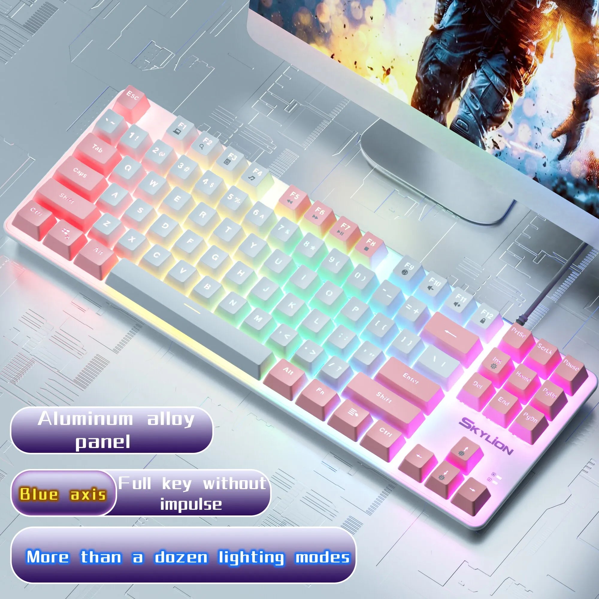 Storazone Green Shaft / white-pink SKYLION H87 Wired Mechanical Keyboard 10 Kinds of Colorful Lighting Gaming and Office For Microsoft Windows and Apple IOS System