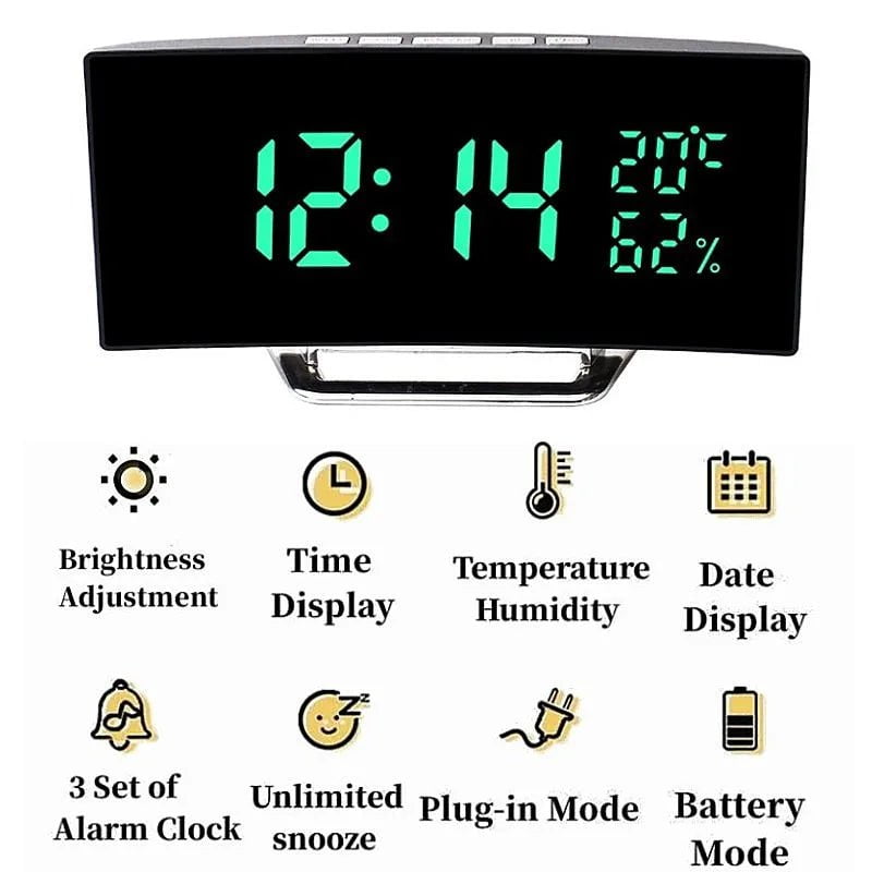 Storazone Green Temp Humidity Curved Screen Digital Alarm Clock Temperature Date 2 Levels Brightness Adjustment Snooze Table Clock 12/24H Night Mode LED Clock