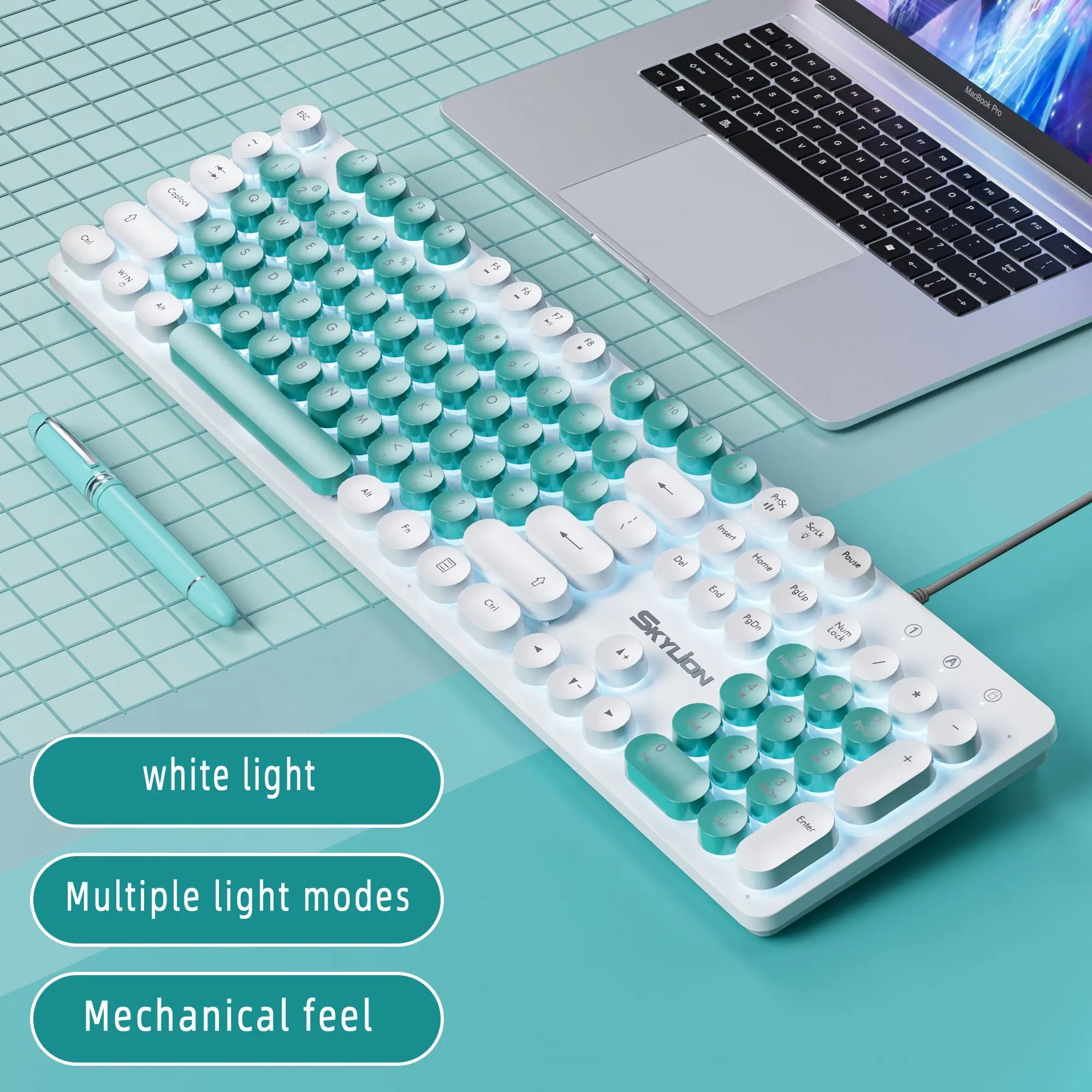 Storazone green-white SKYLION H300 Wired 104 Keys Membrane Keyboard Many Kinds of Colorful Lighting Gaming and Office For Windows and IOS System