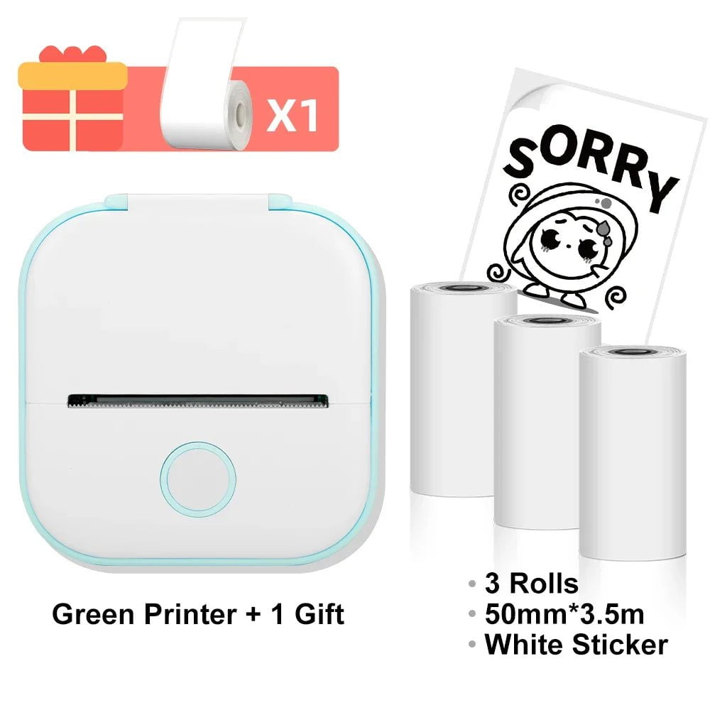 Storazone Green with 3rolls / CN T02 Mini Thermal Printer Phomemo T02 Sticker Maker Machine Portable Bluetooth Pocket Printer Study Supplies for Photos Notes