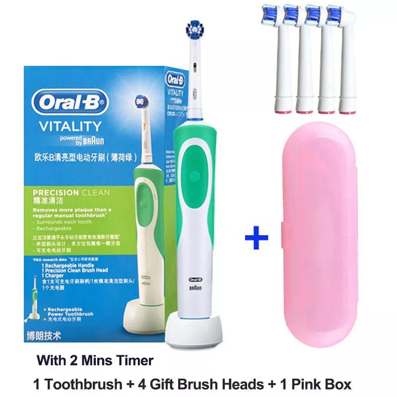 Storazone GreenPKBOX4Heasd / Russian Federation Oral B Electric Toothbrush 2D Rotary Vibration Clean Charging Tooth Brush Cross Action Bristle Oral Care 4 Gift Brush Heads Free