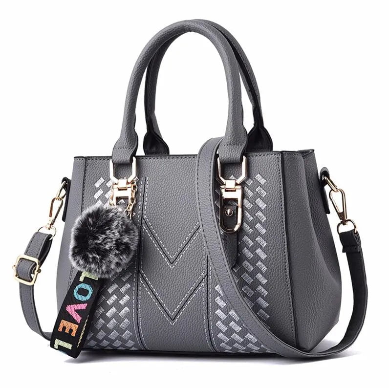 Storazone Grey / 23X14X19cm Embroidery Messenger Bags Women Leather Handbags Bags for Women Sac a Main Ladies hair ball Hand Bag