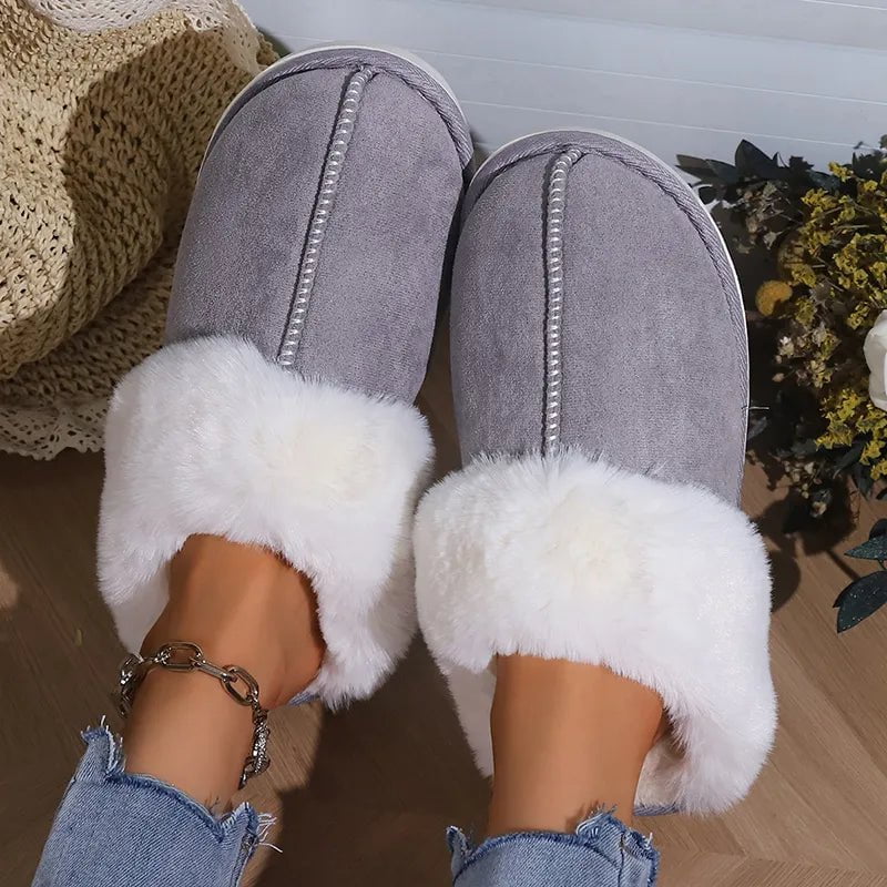 Storazone Grey / 36-37(fit 35-36) 2023 Winter Warm Flat Fur Slippers Women Faux Suede Fluffy Furry Home Slides Woman Comfort Non Slip Indoor Floor Cotton Shoes