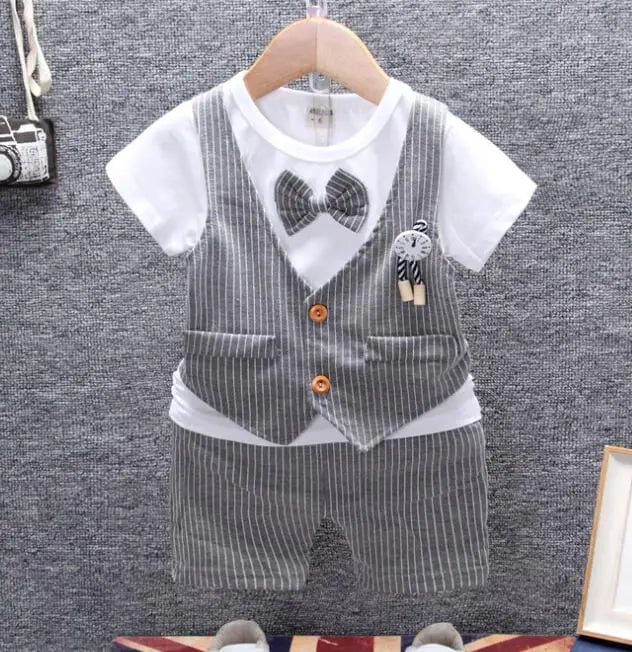 Storazone Grey / 4T Summer Kids Baby Boy Bow Tie Formal Clothing Set Children Gentleman Short Shirt + Pants 2PCS Toddler Boys Clothes Outfits