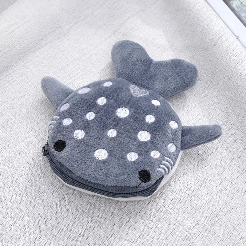 Storazone grey Cute Blue Small Whales Coin Purse Plush Zipper Coin Wallet Shark Shape Designer Women's Wallet Change Purse Key Earphone Pouch