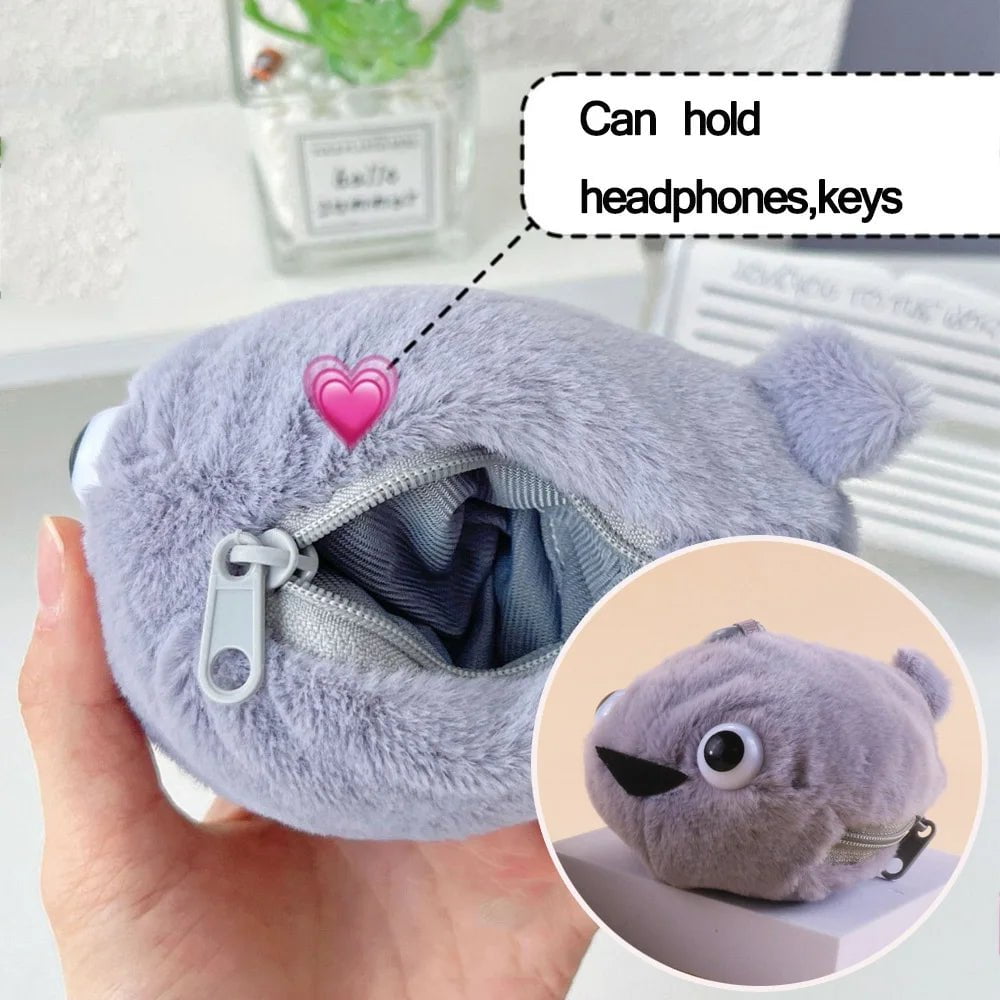 Storazone Grey Cute Blue Small Whales Coin Purse Plush Zipper Coin Wallet Shark Shape Designer Women's Wallet Change Purse Key Earphone Pouch