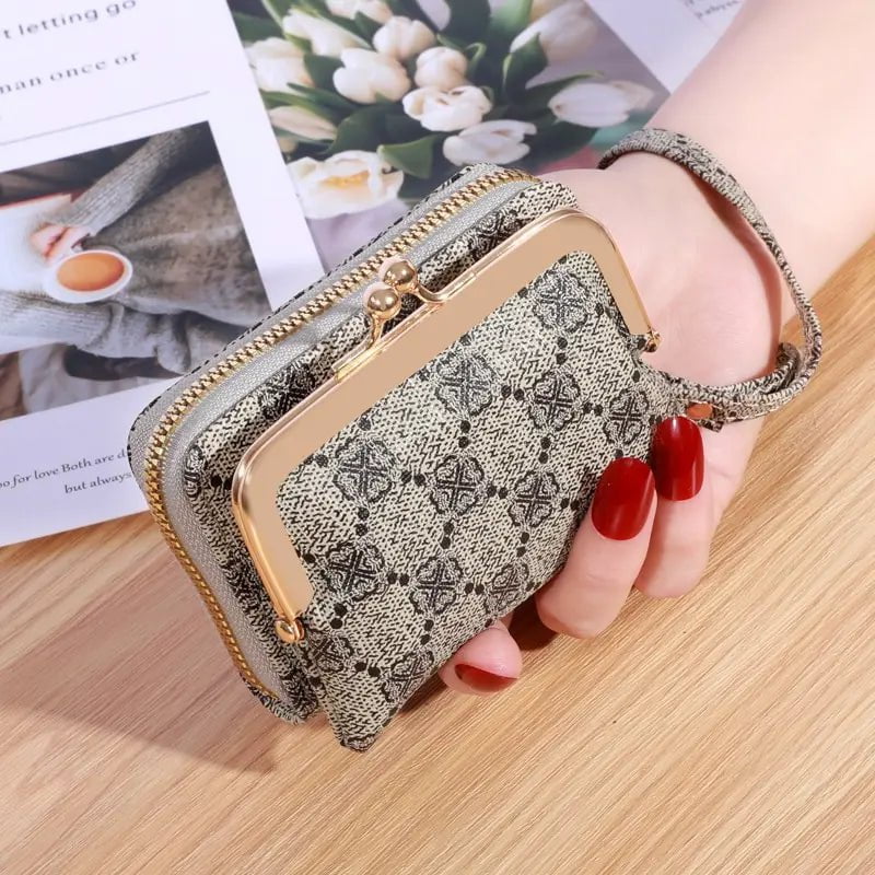 Storazone grey New Wallet Women's Wrist Strap Short Old Flower Zero Wallet Large Capacity Coin Clip Bag Letter Multi Card Card Bag Money Clip