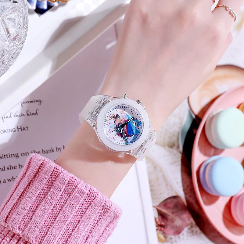 Storazone Group White Disney Girls Kids Watches Children Watch Frozen Princess Aisha Sophia Luminous Student Colorful LED Light Women Lady Clock
