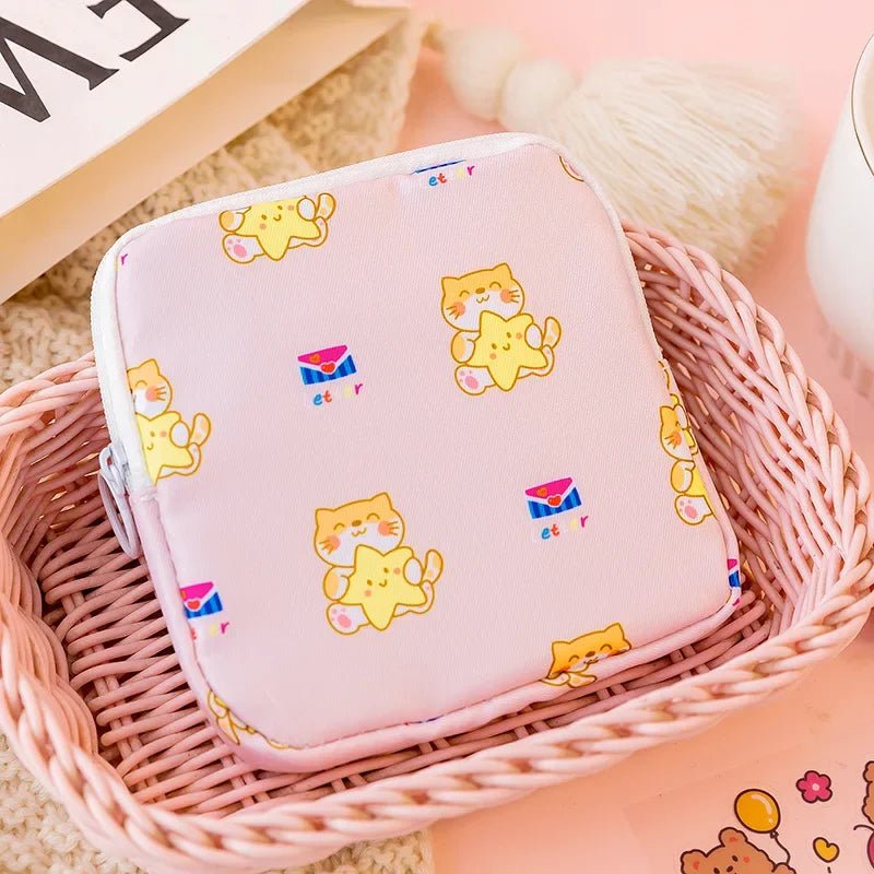 Storazone happy cat Women Girls Kawaii Cosmetic Makeup Tampon Bear Napkin Pouch Storage Bag Coin Purse Sanitary Pads Bag Mini Data Cables Organizer