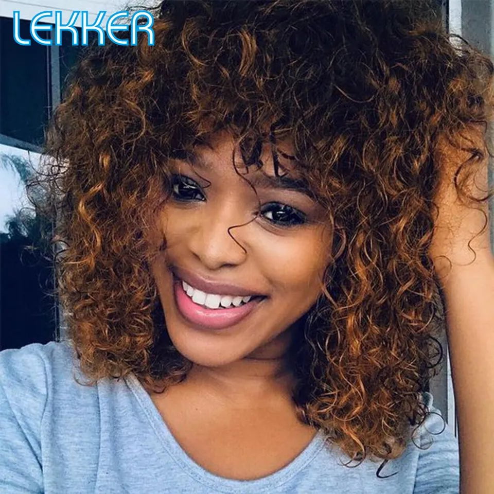 Storazone Highlight / CHINA / 10inches Lekker Colored Short Afro Kinky Curly Bob Human Hair Bangs Wig For Women Brazilian Remy Hair Ombre Brown Loose Deep Wavy Wigs