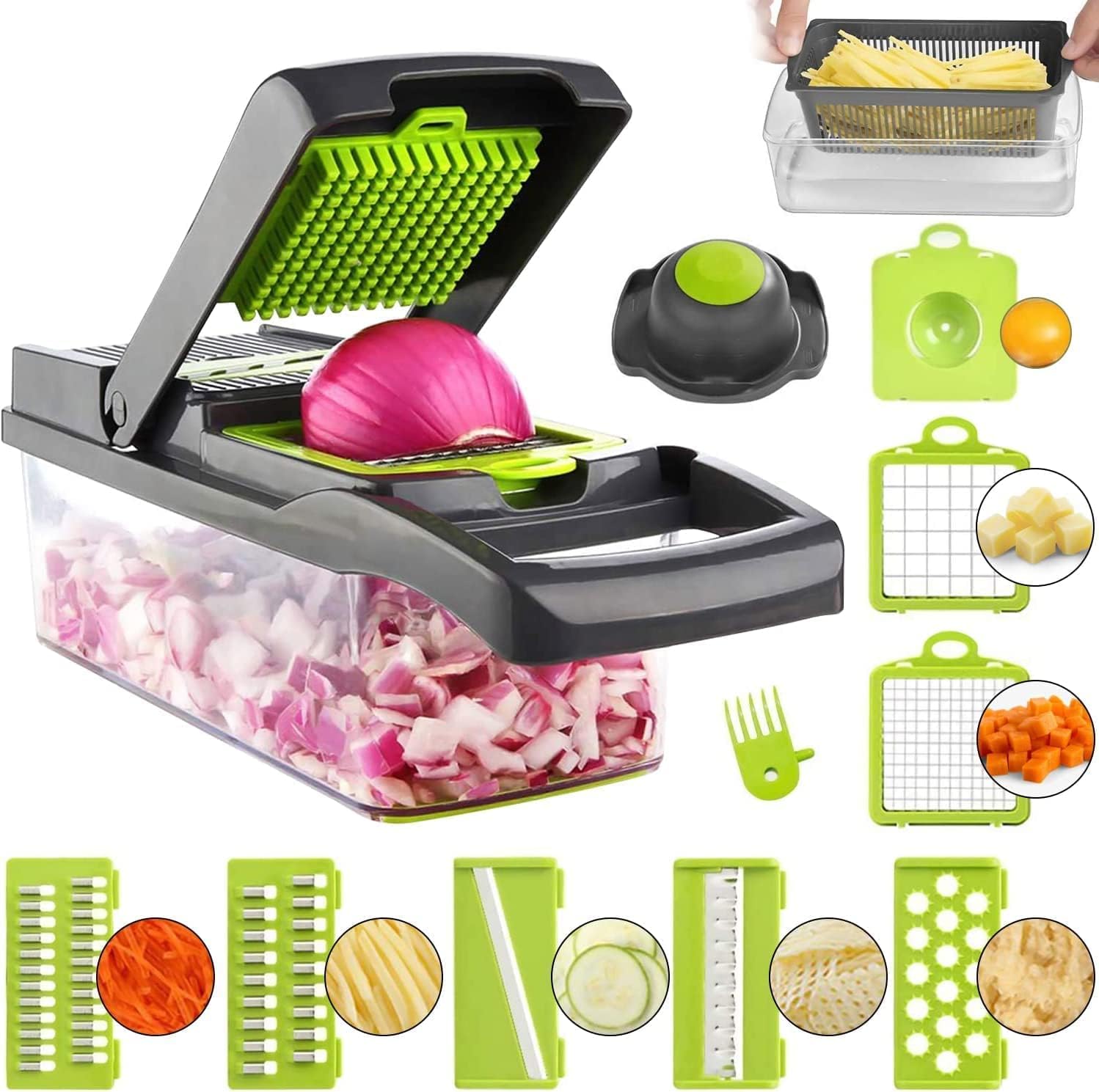 STORAZONE Home Appliances 22pcs Vegetable Chopper 14 In 1 Mandoline Slicer Multi-Function Kitchen  7 Replaceable Stainless Steel Vegetable Cutter With Egg Separator Hand Guard Julienne Grater For Onion Potato Fruit