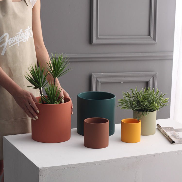 STORAZONE Home Appliances Nordic Industrial Style Colorful Ceramic Flowerpot Succulent Planter Green Plants Cylindrical Shape Flower Pot With Hole Tray