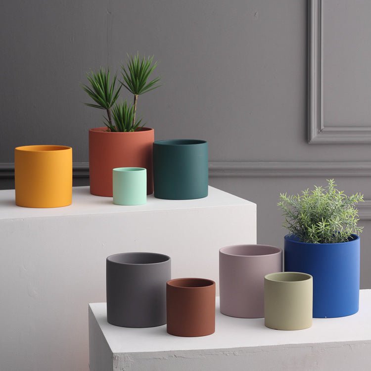 STORAZONE Home Appliances Nordic Industrial Style Colorful Ceramic Flowerpot Succulent Planter Green Plants Cylindrical Shape Flower Pot With Hole Tray