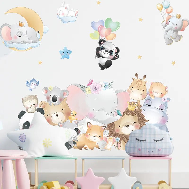 Storazone I Nordic Cartoon Animals Wall Stickers for Kids Rooms Girls Boys Baby Room Decoration Giraffe Elephant Train Birds Star Wallpaper