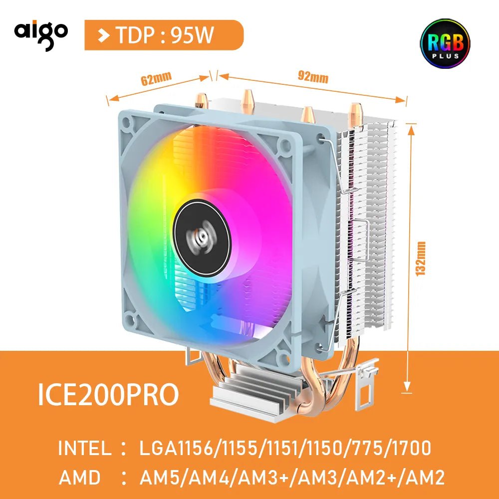 Storazone ICE200PRO / WHITE / Fixed Color Aigo CPU Cooler 2 4 Heat Pipes PC Radiator Cooling 3PIN PWM Silent Rgb Fan For Intel  1700 1150 1155 1156 1366 AM2/AM3/AM4 AMD