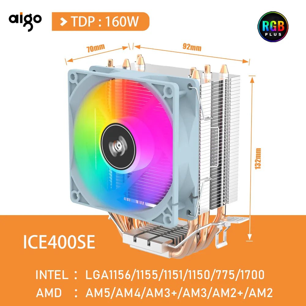 Storazone ICE400SE / WHITE / Fixed Color Aigo CPU Cooler 2 4 Heat Pipes PC Radiator Cooling 3PIN PWM Silent Rgb Fan For Intel  1700 1150 1155 1156 1366 AM2/AM3/AM4 AMD