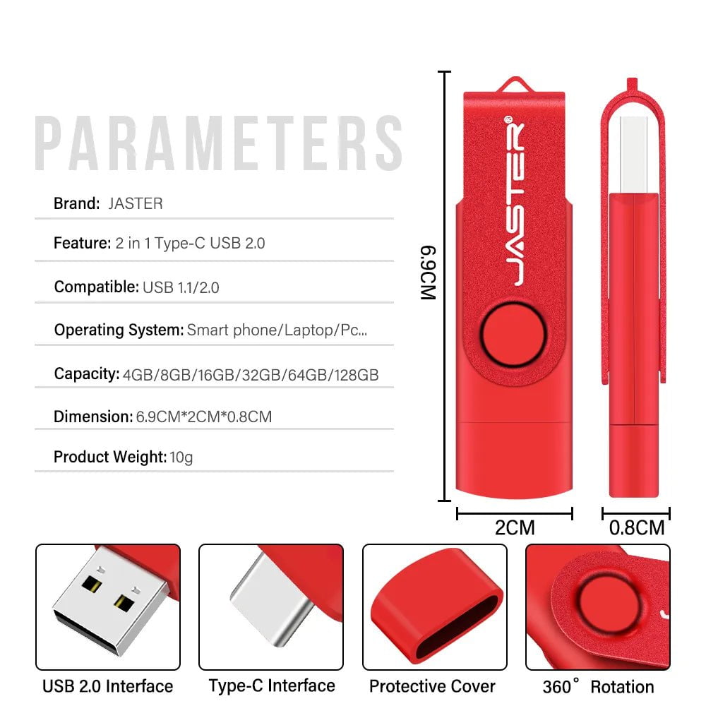 Storazone JASTER Red Rotatable USB Flash Drive 128GB Free Custom Logo 2.0TYPE-C USB Stick 64GB 32GB 16GB 8GB Creative Gift Pen Drive 4GB