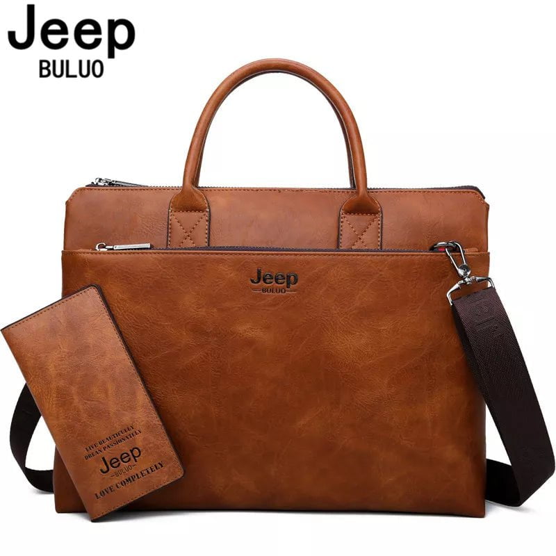 Storazone JEEP BULUO High Quality Men Briefcases Bag For 14 inch Laptop Business Travel Bags Handbags Leather Office Shoulder Bags For Man