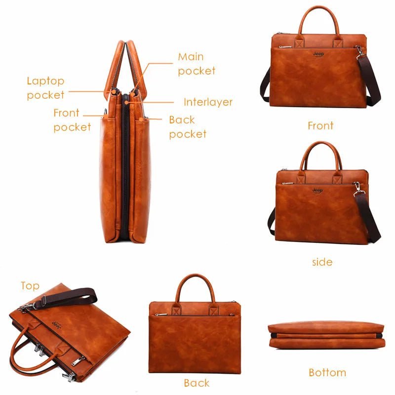 Storazone JEEP BULUO High Quality Men Briefcases Bag For 14 inch Laptop Business Travel Bags Handbags Leather Office Shoulder Bags For Man