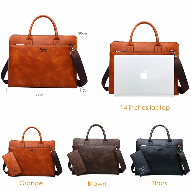 Storazone JEEP BULUO High Quality Men Briefcases Bag For 14 inch Laptop Business Travel Bags Handbags Leather Office Shoulder Bags For Man