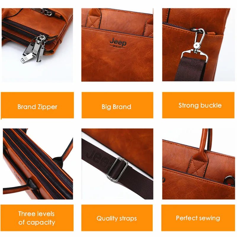 Storazone JEEP BULUO High Quality Men Briefcases Bag For 14 inch Laptop Business Travel Bags Handbags Leather Office Shoulder Bags For Man