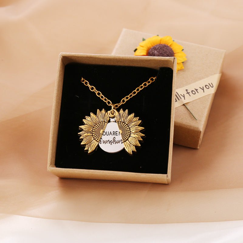 STORAZONE Jewerly A gold necklace with a box / 1PCS You Are My Sunshine Sunflower Necklace Women Men