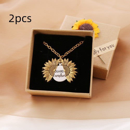 STORAZONE Jewerly A gold necklace with a box / 2PCS You Are My Sunshine Sunflower Necklace Women Men