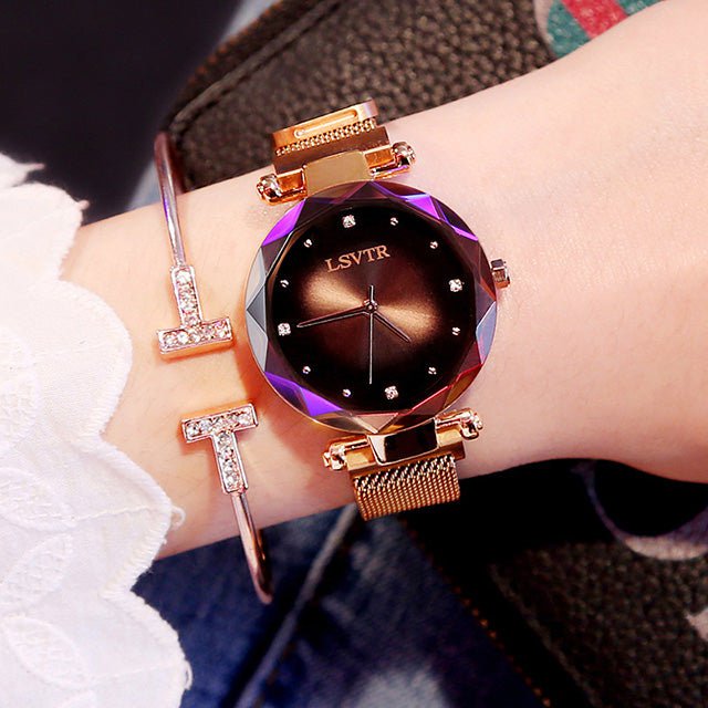 STORAZONE Jewerly Brown Rose Gold Women Watches Fashion Diamond Ladies Starry Sky Magnet Watch Waterproof Female Wristwatch