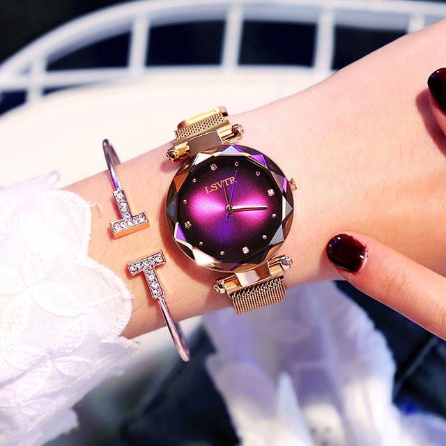 STORAZONE Jewerly Purple Rose Gold Women Watches Fashion Diamond Ladies Starry Sky Magnet Watch Waterproof Female Wristwatch