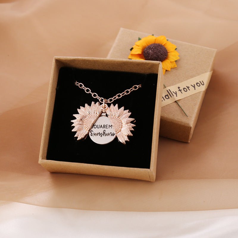 STORAZONE Jewerly Rose Gold with box / 1PCS You Are My Sunshine Sunflower Necklace Women Men