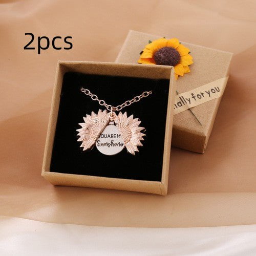 STORAZONE Jewerly Rose Gold with box / 2PCS You Are My Sunshine Sunflower Necklace Women Men