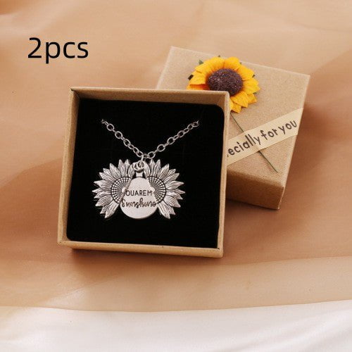 STORAZONE Jewerly White with box / 2PCS You Are My Sunshine Sunflower Necklace Women Men