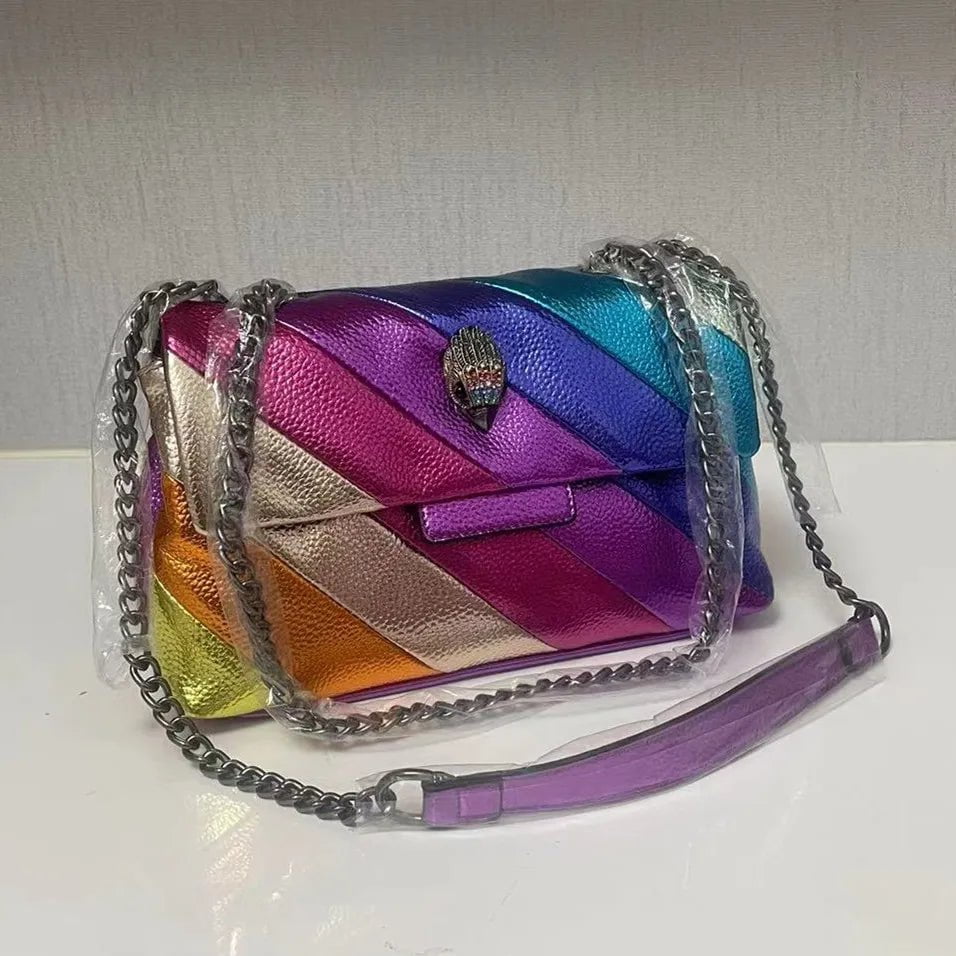 Storazone KG-M / 26cmX10cmX18cm Rainbow Eagle Head Handbags Cross Body Bag 26cm Medium Raibow Bird Head Patchwork Shouler Bags Chain Small Flap Purse