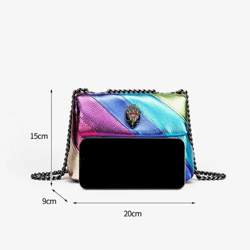 Storazone KGmini / 26cmX10cmX18cm Rainbow Eagle Head Handbags Cross Body Bag 26cm Medium Raibow Bird Head Patchwork Shouler Bags Chain Small Flap Purse