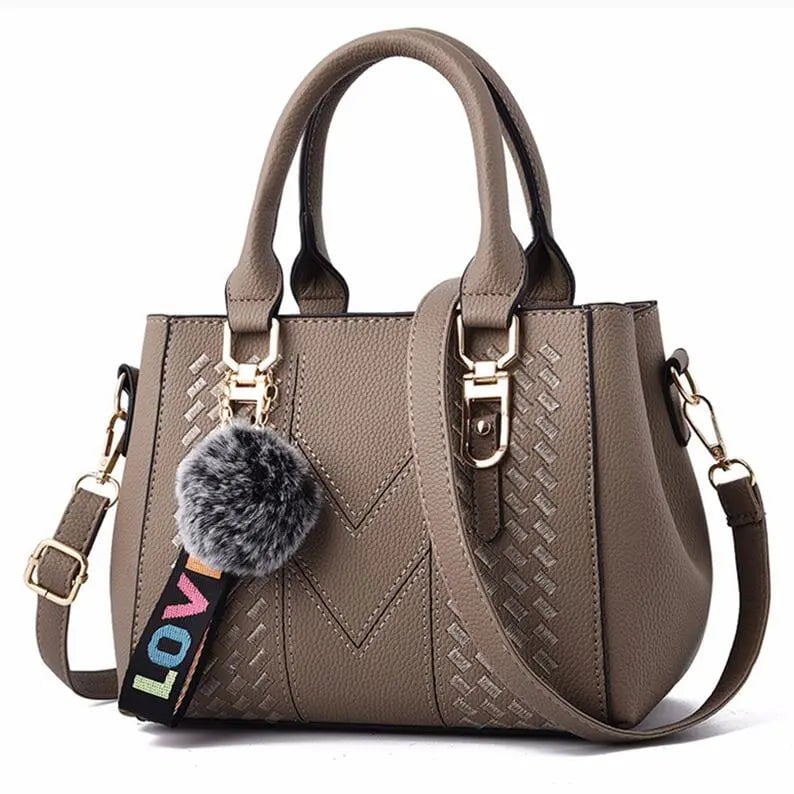 Storazone khaki / 23X14X19cm Embroidery Messenger Bags Women Leather Handbags Bags for Women Sac a Main Ladies hair ball Hand Bag