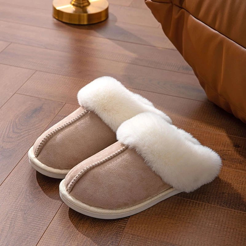 Storazone Khaki / 36-37(fit 35-36) 2023 Winter Warm Flat Fur Slippers Women Faux Suede Fluffy Furry Home Slides Woman Comfort Non Slip Indoor Floor Cotton Shoes