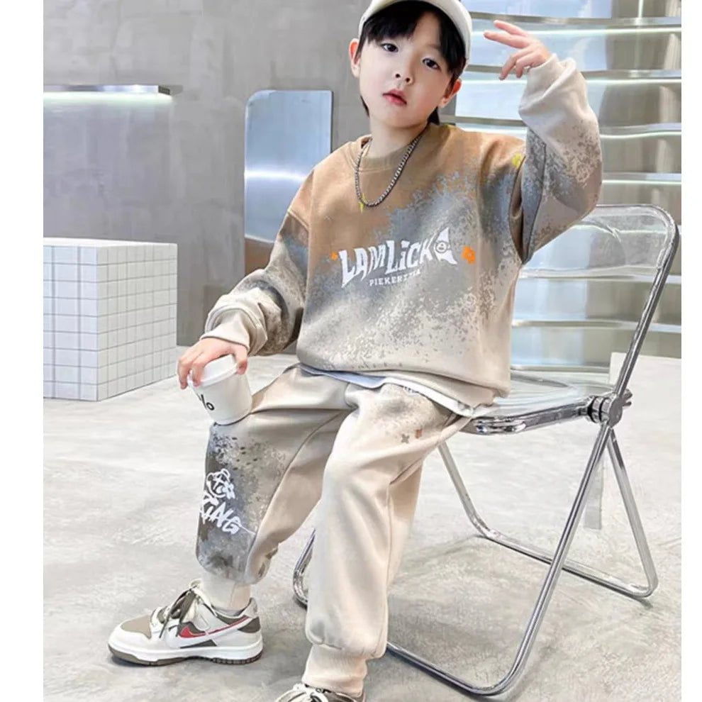 Storazone Khaki / 5-6Y(120CM) / CHINA Spring Teenage Boy Clothes Set Letter Gradient Sweatshirt Pullover and Pants Suit Children's Boys Top and Bottom 2pcs Tracksuit