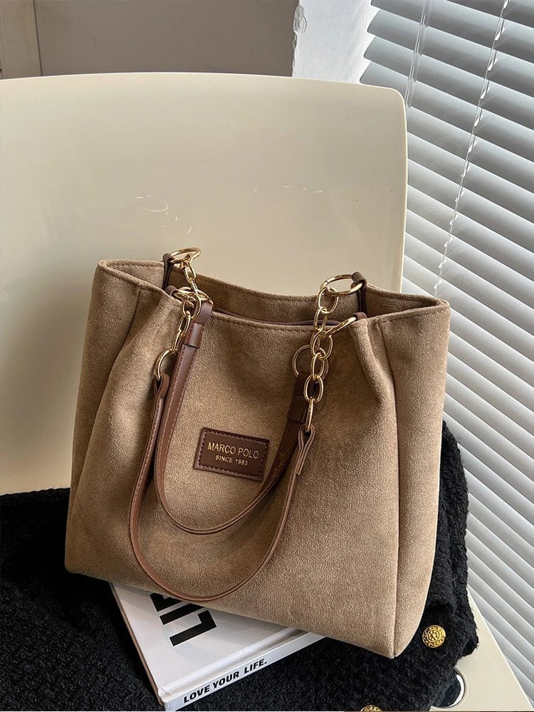 Storazone Khaki Large-Volume Suede Stylish Commuter Tote Bag For Ladies With One Shoulder Bag