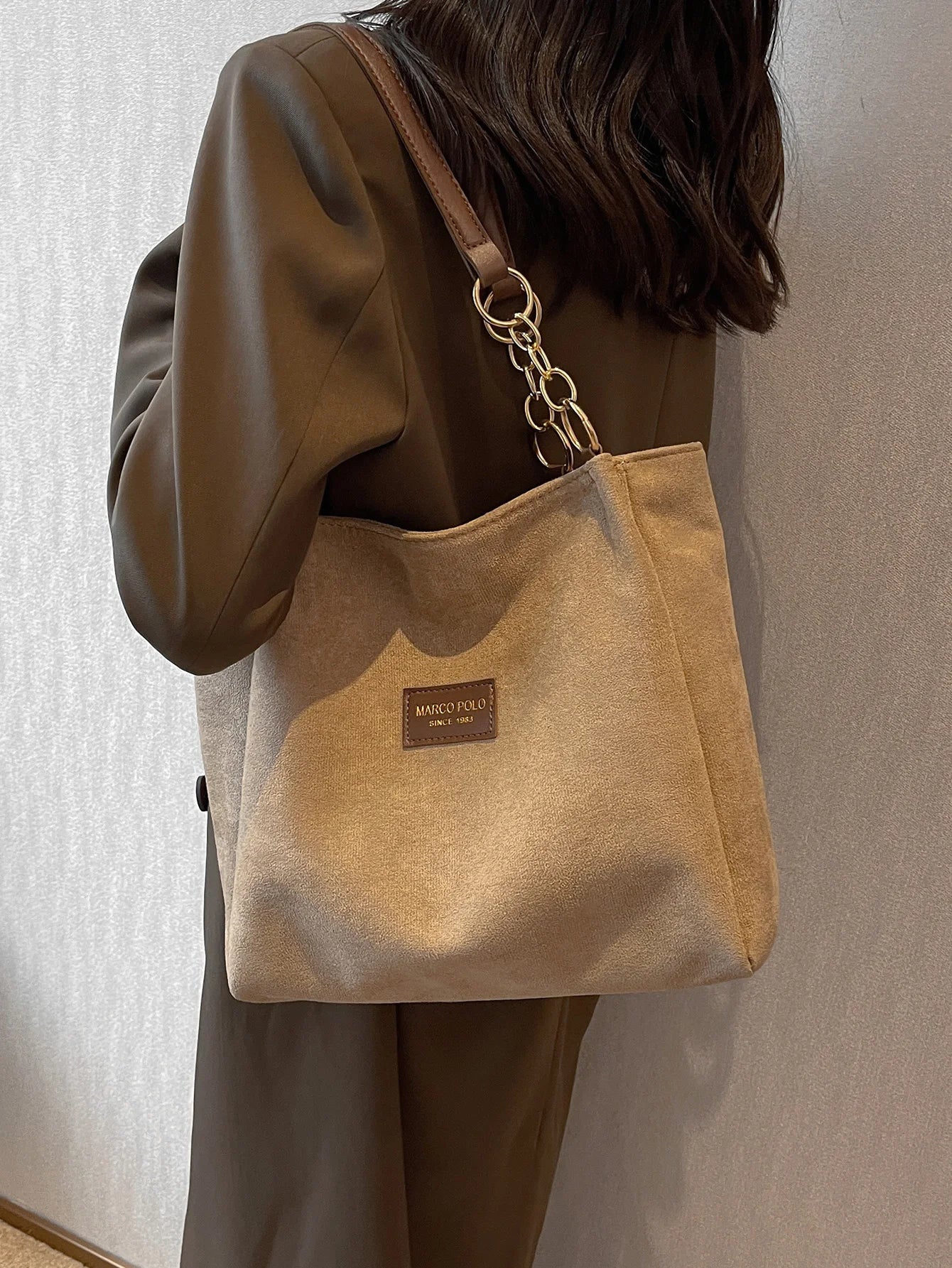 Storazone Khaki Large-Volume Suede Stylish Commuter Tote Bag For Ladies With One Shoulder Bag