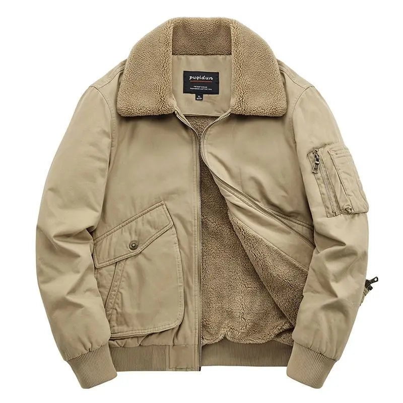 Storazone Khaki / M / CHINA Winter Men's Cotton Jacket Velvet Thickened Pockets Warm Jackets Casual Business Turndown Collar Loose Large Size Cotton Parkas