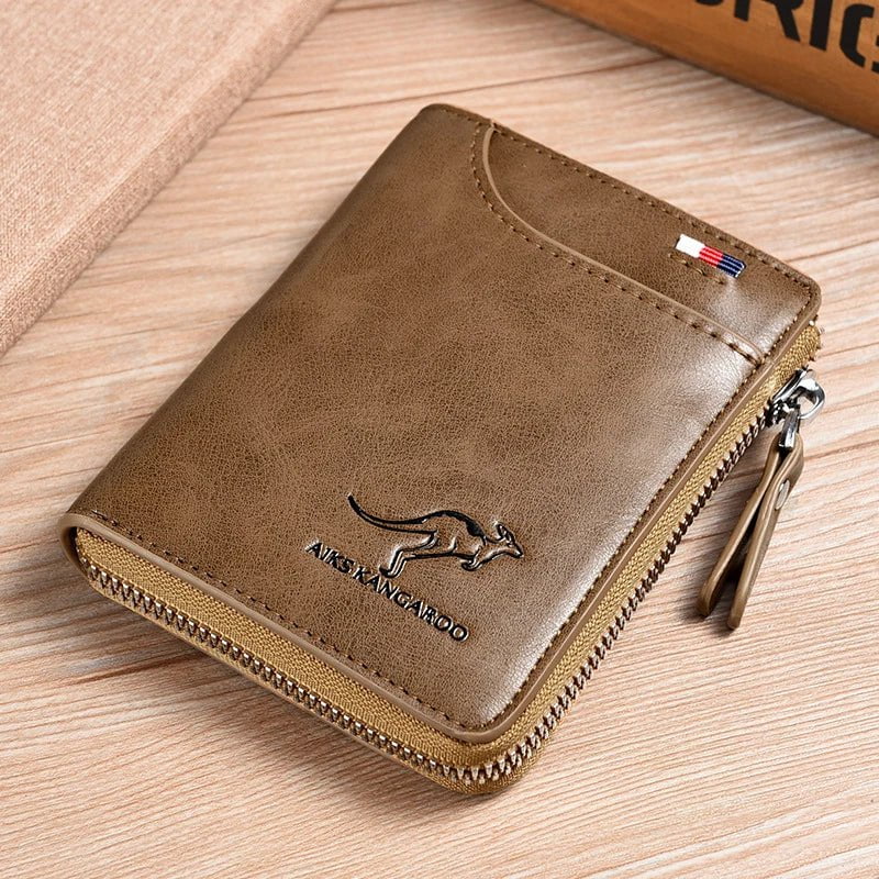 Storazone Khaki Mens Wallet Leather Business Card Holder Zipper Purse Luxury Wallets for Men RFID Protection Purses Carteira Masculina Luxury