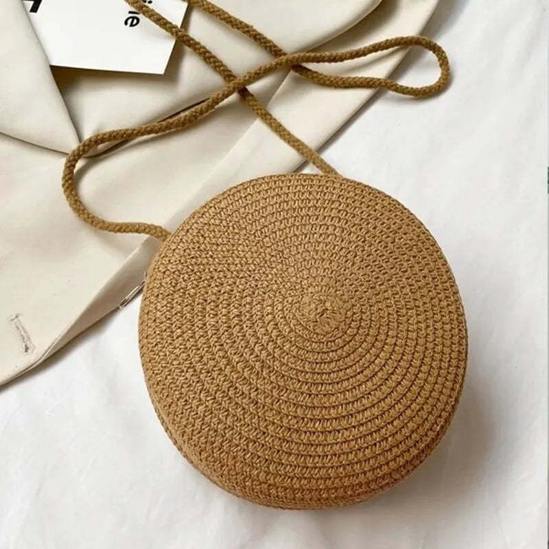 Storazone khaki Minimalist Straw Bag Round Crossbody Purse Women Shoulder Vocation Style Handbag