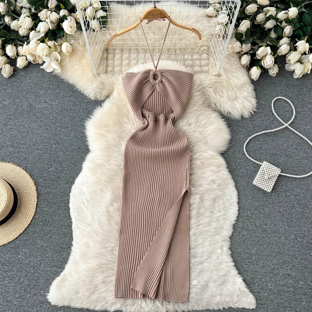 Storazone Khaki / One Size YuooMuoo Chic Fashion Sexy Package Hips Split Knitted Summer Dress Women Slim Elastic Bodycon Party Dress Streetwear Outfits