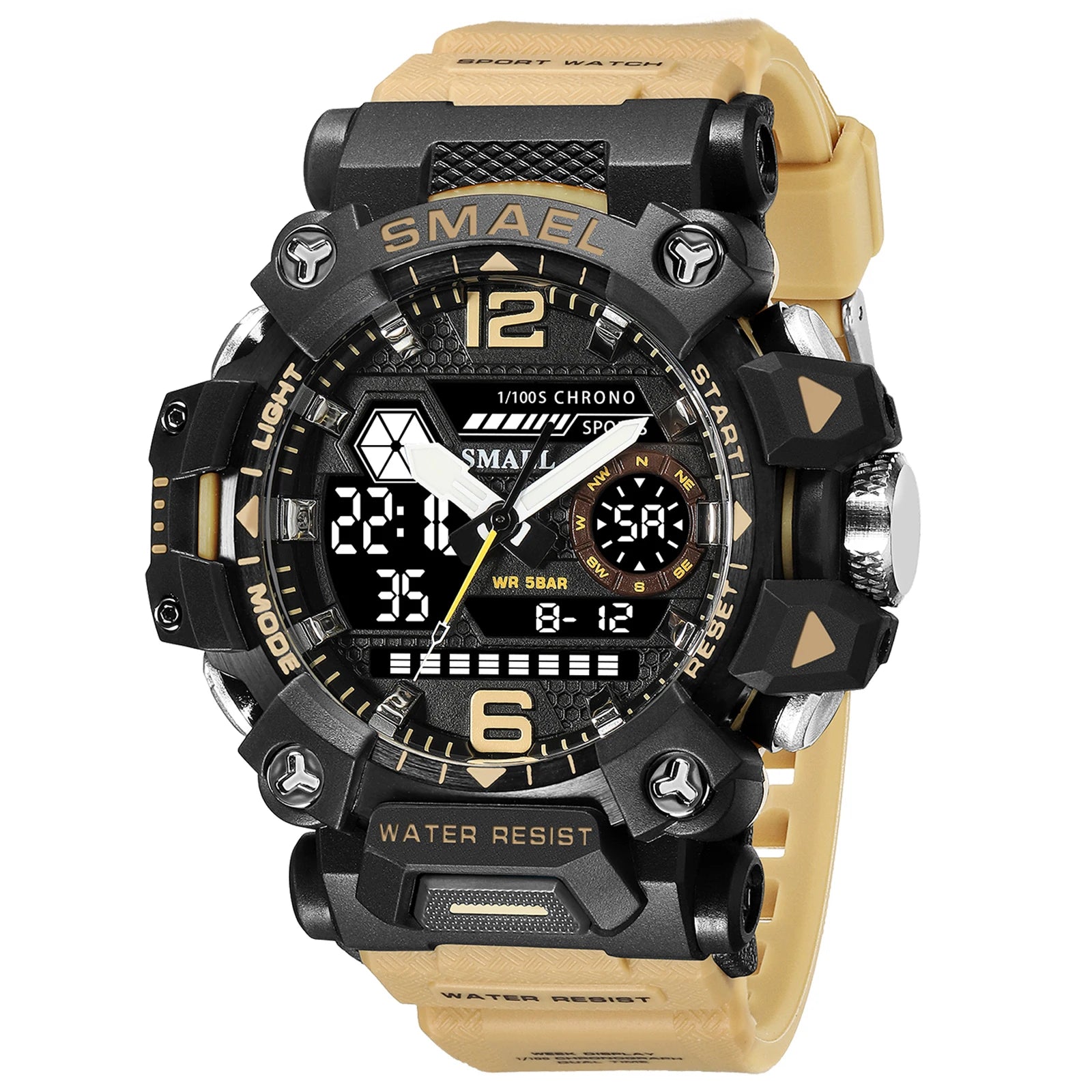 Storazone khaki SMAEL Dual Display Men Watches Waterproof Sports Watch Military Man Alarm Stopwatch Quartz Wristwatch Male Digital Clock 8072