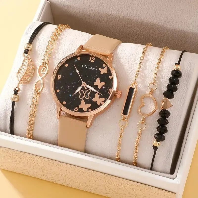 Storazone khaki Women Fashion Casual Leather Belt Watches Ladies Starry Sky Butterfly Dial Quartz Wristwatches Dress Clock Reloj Mujer